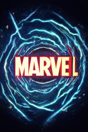 A vibrant, pulsing Marvel logo in bold, bright colors, set against a dark blue or black background to make it pop. The iconic lettering glows with an otherworldly energy, surrounded by intricate, swirling patterns reminiscent of cosmic rays.