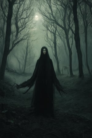 A dimly lit, eerie forest glade at dusk. Trees loom above, their branches like skeletal fingers reaching for the sky. Shadows dance across the underbrush as a figure in tattered black clothing emerges from the darkness, eyes glowing with an otherworldly light.