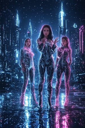 A futuristic cityscape at dusk, with neon lights reflecting off the wet asphalt. A group of 'Space Girls' in sleek silver jumpsuits and high-heeled boots stand confidently, their arms crossed, amidst a backdrop of rocket ships and control panels. One girl holds a glowing orb, while another gestures to a star chart. The atmosphere is one of empowerment and celestial exploration.