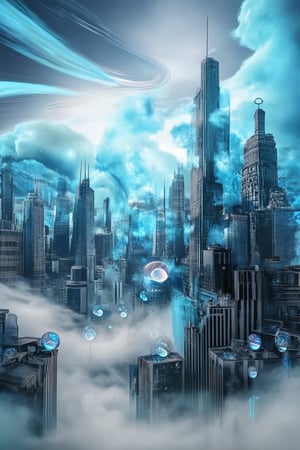 A surreal dreamscape unfolds: a cityscape dissolves into swirling clouds of blue and gray, as if reality is melting like wax in a furnace. Towering skyscrapers twist into impossible shapes, their peaks disappearing into wispy fog. The air is alive with luminescent orbs, casting an otherworldly glow on the distorted urban landscape.