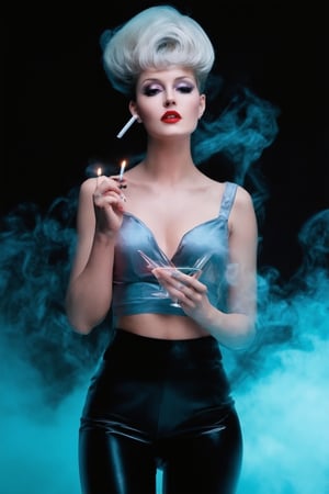 A neon-lit beauty, circa 1985, stands poised in a smoke-filled room. Flickering candles dance across her porcelain skin, as she gazes directly into the camera's lens. A bouffant hairdo rises like a skyscraper from her head, while a bold red lip and cat-eye mascara frame her striking features. A fitted white crop top and high-waisted leather pants accentuate her toned physique, as she holds a cigarette in one hand and a martini glass in the other.