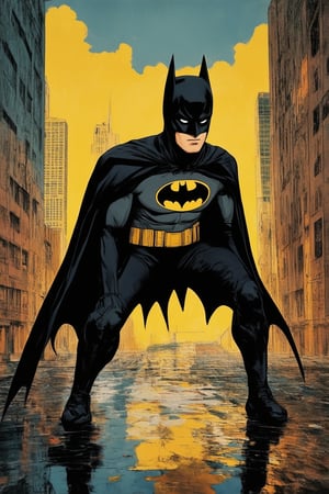 A dark and gritty urban landscape sets the tone as Batman, clad in his iconic black suit, crouches low to the ground, eyes scanning the streets. The bright yellow of the Bat-Signal casts an eerie glow on the wet pavement, while the city's towering skyscrapers loom ominously in the background. The dynamic pose conveys a sense of intensity and vigilance as the Caped Crusader readies himself for battle.