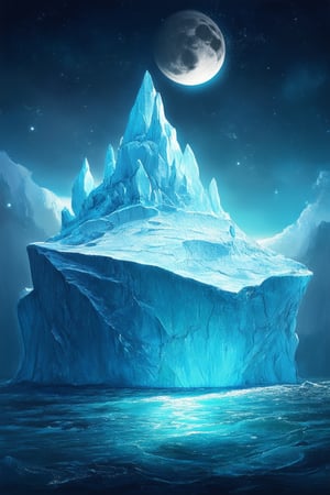 A majestic iceberg rises from the mystical depths of a whimsical ocean, its crystalline spires glistening like shards of stardust under the soft, ethereal glow of a lunar crescent. The surrounding waters shimmer with an otherworldly luminescence, as if infused with the essence of dreams. The iceberg's contours evoke ancient mythical creatures, frozen in time.