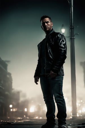 A dark hero stands tall in a gritty, urban landscape at dusk. Flickering streetlights cast long shadows behind him as he gazes out into the night, his rugged features illuminated by a single, dim lamp post. His black leather jacket and worn jeans blend with the darkness, while his piercing eyes seem to hold a thousand secrets.