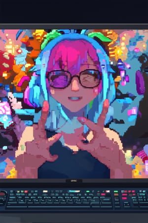 Close-up shot of a bespectacled gamer, surrounded by colorful pixel art characters on their computer monitor. Soft, warm lighting highlights the character's bright blue and pink hair clips, with a few strands framing their face. The gamer's fingers dance across the keyboard as they immerse themselves in the digital world.