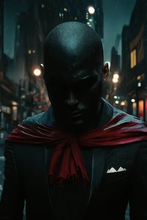 A close-up shot of a mysterious figure shrouded in darkness, lit only by the faint glow of city lights reflected on his face, revealing piercing eyes and a chiseled jawline. His dark suit is impeccable, complemented by a red scarf flowing behind him like a cape, as he stands at the edge of a rainy city street.