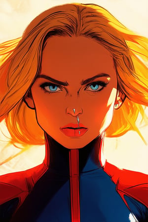 A vibrant, cinematic close-up of Captain Marvel's radiant face, with a bold, bright orange glow surrounding her like a halo. Her piercing blue eyes sparkle with determination, framed by her iconic red and blue suit. The composition is sharp and dynamic, with the camera positioned directly in front of her to emphasize her strength and authority.