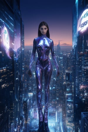 A futuristic cityscape at dusk, with holographic projections dancing across the skyscrapers. The Holo Dyss, a renowned entertainment mogul, stands confidently in the foreground, her slender figure illuminated by the soft glow of holographic ads. She's dressed in a sleek jumpsuit, her eyes fixed intently on the virtual spectacle unfolding before her.