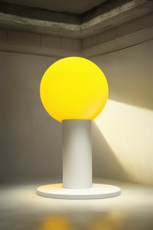 A vibrant yellow hue dominates the frame as a bright sunbeam illuminates a minimalist studio setup. A smooth, rounded sphere sits atop a sleek, white pedestal, radiating warmth and optimism. The surrounding space is intentionally empty, allowing the viewer's focus to solely be on the brilliant yellow center piece.