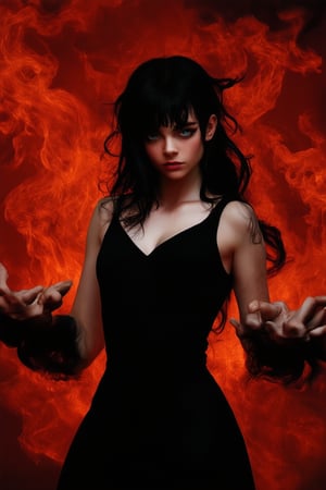 A dark-haired girl with piercing green eyes, dressed in a sleek black jumpsuit, poses confidently in front of a fiery red background, as if summoning the devil itself. The lighting is moody and dramatic, casting deep shadows on her face. She's surrounded by wispy tendrils of smoke, hinting at a supernatural presence.