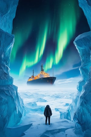 A majestic icebreaker rises from the frozen tundra, its crystalline spire piercing the misty horizon as the aurora borealis dances across the sky. A lone adventurer, cloaked in furs and leather, stands atop the iceberg's serrated edge, gazing out upon a mystical realm of glittering ice caves and shimmering glaciers.