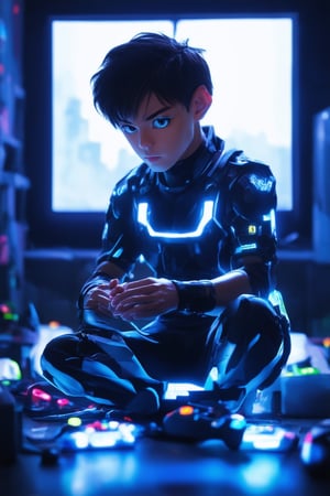 A young gamer, dressed in a futuristic jumpsuit, sits cross-legged on a sleek, neon-lit console with glowing blue wires and flashing screens. His eyes are fixed on a holographic display projecting a fantasy world, while his hands grasp a controller adorned with colorful buttons. The dimly lit room is filled with scattered gaming paraphernalia, highlighting the intensity of his virtual adventure.