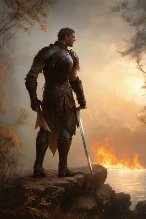 A majestic figure emerges from a misty dawn, clothed in worn leather armor and grasping a weathered sword. Framed against a fiery sunrise, the legendary warrior stands atop a rocky outcropping, gazing out upon a serene lake as the morning dew glistens on the surrounding foliage.