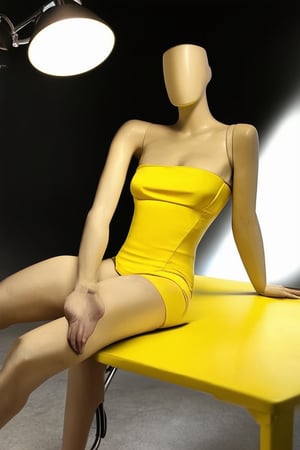 A vibrant yellow color model in a bright, sunny studio setting. The subject, a stylish mannequin, sits confidently with one arm resting on a sleek, yellow-painted table. Softbox lights from the left and right illuminate the scene, casting a warm glow. The mannequin's pose is relaxed, with its legs slightly crossed, emphasizing its simplicity and elegance.