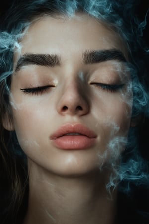 A close-up shot of a person's face with a surreal, dreamlike quality. A faint, glowing aura surrounds their features, as if illuminated by an otherworldly light. Their eyes are closed, yet their eyebrows are slightly raised, conveying a sense of wonder and curiosity. The background is blurred, with wispy tendrils of smoke or mist swirling around the edges.