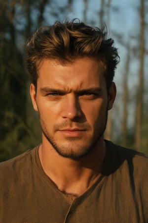 A close-up shot of Jerôme, a rugged outdoorsman, gazing intensely into the camera. His weathered face, with stubble and creased forehead, conveys a sense of determination. The framing is tight, emphasizing his piercing eyes and strong jawline. Soft natural light casts a warm glow on his skin, with subtle shadows accentuating the contours of his features. He's dressed in earthy tones, blending seamlessly into the surroundings.