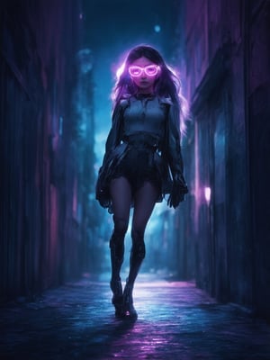 In a darkened alleyway, a cyberpunk girl with clear neon glasses shines bright like a beacon of hope. Her eyes sparkle with an inner light, framed by delicate eyelashes that seem to defy gravity. The golden ratio guides the composition, as she stands poised in mid-stride, one foot extended and the other tucked behind her. Neon hues dance across her features, accentuating the intricate details of her cybernetic enhancements. A masterpiece of digital painting, rendered in 32k UHD with octane finesse, like a work by Artgerm or Loish. The lighting is sublime, with rim light casting an aura around her and subtle subsurface scattering adding depth to her skin. A heartwarming, uplifting, charming scene unfolds, set against a deep, vibrant background that seems to pulse with energy.