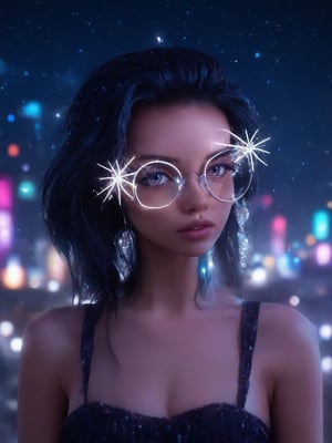 Against a deep, starry night sky, a cyberpunk beauty stands out in stark relief. Wearing clear neon glasses that glow like miniature suns, she exudes confidence. Framed by the golden ratio, her face is a masterpiece of intricate details, with smooth, sharp focus on every feature. Her eyes sparkle like diamonds under rim light, while subtle light leaks and subsurface scattering add depth to her skin. The background bursts with vibrant complementary colors, drawing attention to her striking pose against a decadent cityscape. In a world of high-octane render, she's a heartwarming, uplifting charm – an ever after high fantasy brought to life in stunning 32k UHD.