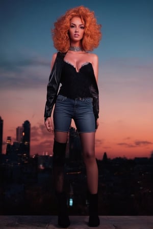 A retro-chic beauty posing against a neon-lit cityscape at dusk. Shoulder pads and big hair make her a vision in black leather and lace. A silver choker glimmers around her neck as she strikes a confident pose, one leg bent, the other straight, showcasing her high-waisted skinny jeans and chunky ankle boots. The urban landscape behind her is bathed in warm hues of orange and pink, with a city skyline stretching towards the darkening sky.