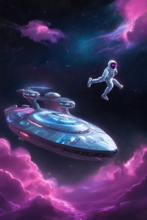 A futuristic spaceship in a vibrant pink hue, set against a deep black background, with neon blue accents and swirling purple clouds. The ship's sleek design features curved lines and metallic sheen, with glowing engine thrusters and antennae-like protrusions. A lone astronaut in a shimmering silver suit floats outside the vessel, gazing out at the cosmic landscape with wonder.