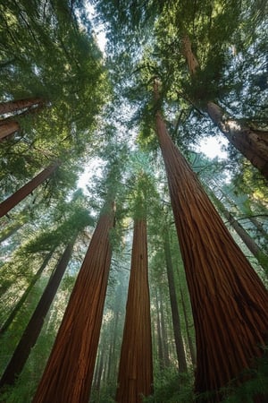 A serene landscape of Jero US, a majestic redwood forest, with towering trees stretching towards the sky, their trunks weathered to a warm, earthy tone. The camera captures a low-angle shot, looking up at the canopy above, as dappled sunlight filters through the leaves. A gentle mist rises from the forest floor, adding to the mystical ambiance.