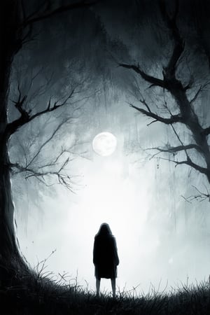 A hauntingly beautiful scene unfolds: a silhouette of a mysterious figure stands at the edge of a dense forest, shrouded in darkness. The only light emanates from a full moon hanging low in the sky, casting an eerie glow on the trees' twisted branches. The subject's features are obscured, adding to the air of secrecy and intrigue.