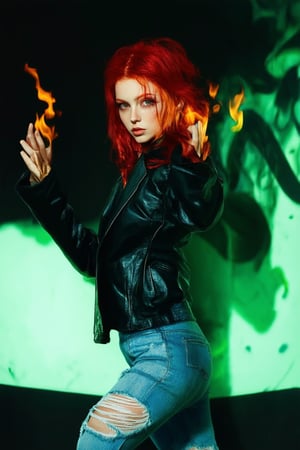 A sultry, red-haired girl in a black leather jacket and ripped jeans poses confidently against a dark, graffiti-covered wall, her eyes glowing with an otherworldly green light as she summons her inner devil. Flames lick at the edges of her fingers as she raises one hand, her expression a mix of mischief and seduction.