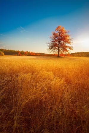 A serene autumn landscape: a golden-hued meadow stretches across the frame, with tall grasses and dry leaves rustling in the gentle breeze. The sun casts a warm, honey-colored light upon the scene, highlighting the vibrant oranges and reds of the changing foliage. A lone tree stands tall in the distance, its branches etched against the blue autumn sky.