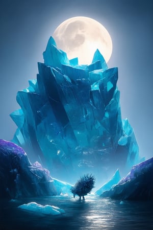 A majestic iceberg rises from the misty, mystical realm, its crystalline facets glinting in shades of sapphire and amethyst under the soft, ethereal glow of a crescent moon. The surrounding waters shimmer like polished opal, reflecting the icy behemoth's regal beauty. In the foreground, delicate sea creatures dance amidst the iceberg's ancient, weathered edges.