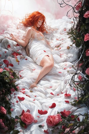 A vibrant, surreal dreamscape unfolds as a crimson-haired protagonist reclines on a cloud-soft bed of rose petals, surrounded by wispy tendrils of smoke and ethereal whispers. A gentle mist shrouds the scene, casting an otherworldly glow.