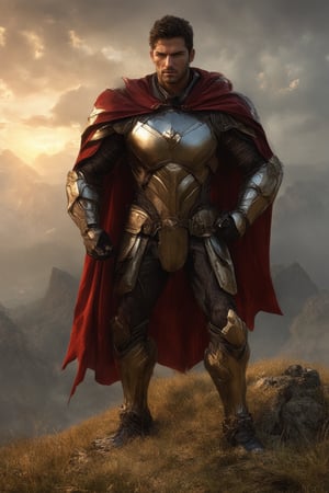 A heroic figure stands tall, dressed in iconic armor, with a regal cape flowing behind. The warm glow of a setting sun casts a golden light on the scene, illuminating the subject's determined expression. A misty mountainside serves as the dramatic backdrop, with ancient trees stretching towards the heavens. The hero's pose exudes confidence and strength, as if ready to face any legendary challenge.