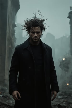 A dark hero emerges from the shadows, standing atop a dusty, crumbling cityscape. The only light comes from a flickering streetlamp, casting an eerie glow on his brooding features. His eyes burn with intensity as he gazes out upon the desolate wasteland, his jawline defined by a scruff of stubble. He wears a tattered black coat, flapping open to reveal a darkening cityscape in the background, while the wind whips through his messy hair.