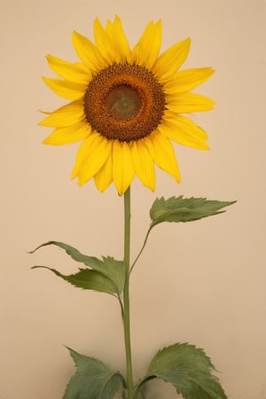 A vibrant yellow hue dominates the scene as a bright sunflower stands tall against a warm beige background, its petals slightly curled and radiating towards the top of the frame. Soft morning light casts a gentle glow on the flower's textured surface, with the surrounding earthy tones subtly accentuating its brilliant yellow color.