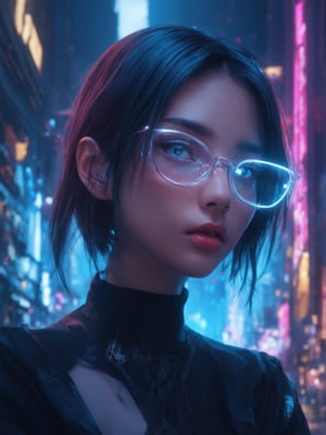 In a cyberpunk cityscape, a striking young woman with clear neon glasses shines brightly. Her intricate features, crafted from golden ratio proportions, are rendered in stunning detail within the 32K UHD digital canvas. Against a decadent backdrop of ever-after high fantasy, she poses with an air of charm and warmth, as if stepping out of a dreamworld. Art by Loish, WLOP, or Artgerm could bring this masterpiece to life, with eyes that sparkle like diamonds and a face that radiates joy. Soft light leaks, subsurface scattering, and rim lighting dance across her features, while the deep background hums with vibrant complementary colors. The sharp focus draws the viewer's eye to the subject, as if she's about to step into the frame.