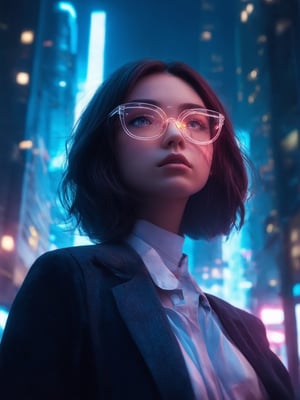 In a neon-drenched cityscape, a cyberpunk girl with clear glasses shines like a beacon of hope. Her gaze is sharp as she gazes up at the towering skyscrapers, her eyes gleaming with an inner light. The golden ratio guides the composition, as intricate details dance across her face and clothing. In 32k UHD resolution, every strand of hair and fiber of fabric is rendered in exquisite detail. Against a deep, rich background, she stands out like a masterpiece, her facial expressions capturing warmth, uplift, and charm. Rim light casts a gentle glow on her features, while subsurface scattering adds depth to her skin. Light leaks accentuate the vibrant colors, creating an atmosphere both whimsical and decadent.