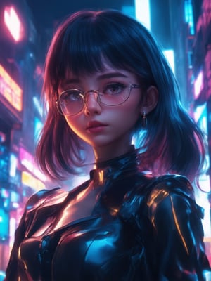 In a neon-lit cyberpunk cityscape, a captivating girl with clear glasses and golden ratio-inspired details stands out amidst the futuristic backdrop. Her intricately designed outfit glimmers under the subtle light leaks and subsurface scattering, casting a warm glow on her face. The rim light highlights her sharp facial features, while vibrant complementary colors add depth to the scene. Ever after high's whimsical charm is infused in this 32k UHD masterpiece, featuring detailed eyes and a highly polished illustration, reminiscent of artgerm's and loish's styles.