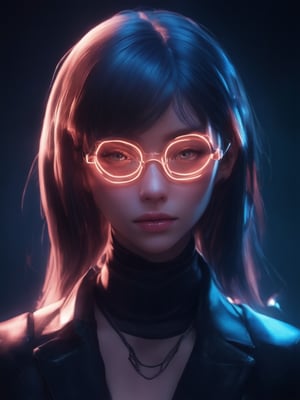 A cyberpunk girl with a futuristic flair, donning clear neon glasses that glow like beacons in the dark. Her golden ratio-obsessed gaze is set amidst intricate, decadent details, rendered in 32k UHD glory. Amidst a fantasy realm of ever-after high stakes, she stands out as a masterpiece of artistry. Artstation-worthy concept art by Loish and Wlop, with smooth, sharp focus that pops. Everhart-like warmth radiates from her detailed eyes, face, and surroundings, bathed in beautiful lighting and shading. Rim light caresses the curves of her cyberpunk form, set against a deep, vibrant background. Subsurface scattering whispers secrets, as light leaks hint at an octane-boosted atmosphere.