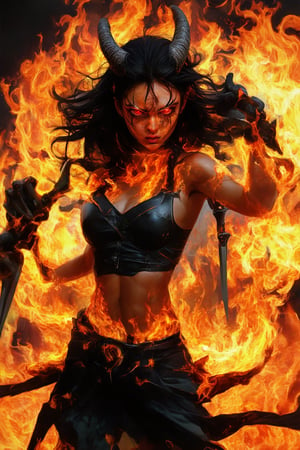 A fiery female figure with horns and a pitchfork, standing triumphantly amidst a swirling vortex of orange and yellow flames. Her eyes glow bright red as she gazes directly at the viewer, her dark hair whipping wildly around her face. The background is a deep, smoldering ember that seems to pulse with malevolent energy.