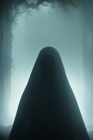 A hauntingly beautiful image of a mysterious figure shrouded in darkness, with only a hint of soft light illuminating their face, casting an ethereal glow on the surrounding environment. The subject's features are obscured by shadows, adding to the air of mystery and intrigue.