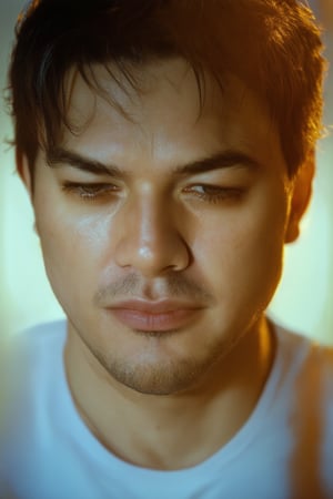 A close-up shot of Jero's face, with warm golden lighting casting a flattering glow. His eyes are cast downward, a hint of introspection on his expression. The background is blurred, emphasizing the focus on his features. The composition is simple yet effective, drawing the viewer's attention to Jero's thoughtful gaze.