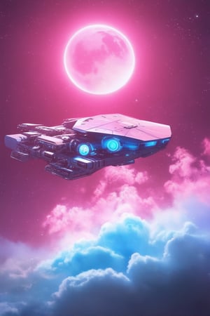 A futuristic 3D pink space station hovers in mid-air, surrounded by swirling pink gas clouds and stars. A sleek, silver spaceship approaches, its engines glowing bright blue against the vibrant pink backdrop. The camera pans up to reveal a stunning crescent moon shining brightly above.