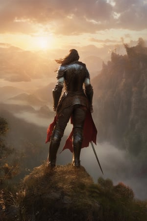 Epic fantasy scene: a lone figure, dressed in medieval armor, stands atop a windswept cliff, overlooking a mystical realm bathed in warm golden light. The subject's face is illuminated by the setting sun, with a determined gaze and sword at the ready. Ancient ruins and misty valleys stretch out below.