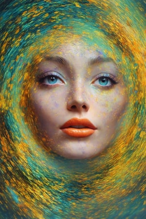 A vibrant 3D rendering of a face with a kaleidoscope of colors swirling around it. The facial features are intricately designed with bright pink lips, shimmering turquoise eyes, and a radiant orange nose. Soft peach undertones give the skin a warm glow. Framed by a subtle gradient of purple and blue hues, the colorful face appears to be floating amidst a whimsical mist of confetti-like shapes in shades of green, yellow, and orange.