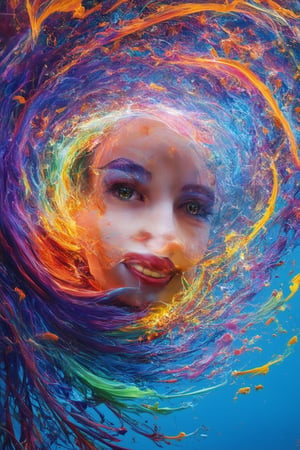 A vibrant 3D rendering of a face with a kaleidoscope of colors swirling across the features, like a whirlwind of rainbow hues. The subject's eyes sparkle with bright green, surrounded by warm orange and yellow. Pinkish-red lips curve into a cheerful smile, as if beckoning us to join in the colorful celebration. Against a bright blue background, the face is framed by wispy purple clouds, adding an air of whimsy to this mesmerizing 3D portrait.