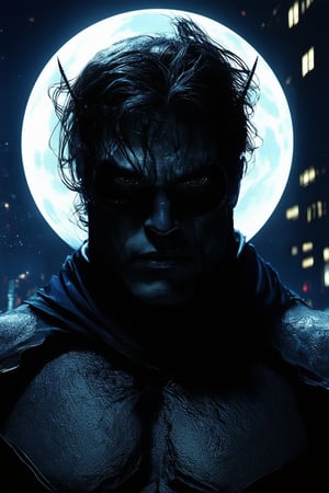 A dark hero emerges from the shadows, lit by a faint moonbeam casting an eerie glow on his brooding features. His eyes gleam like polished obsidian as he stands tall against a cityscape's towering skyscrapers, his figure silhouetted against a deep blue night sky.