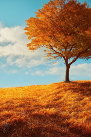 A serene autumn morning scene: A lone tree stands tall in a vibrant orange-yellow forest, its branches stretching towards a clear blue sky with wispy white clouds. Golden light filters through the leaves, casting long shadows on the rust-colored grass beneath.