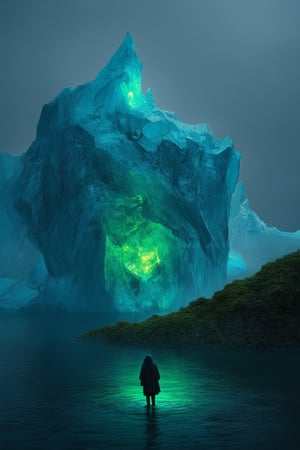 A majestic iceberg rises from the mystical fog-shrouded waters, its crystalline peaks glistening like shards of moonlight. The eerie green glow of luminescent seaweed wraps around its base, as if trying to tame the behemoth's frozen fury. In the foreground, a lone figure in a hooded cloak stands at the water's edge, eyes fixed upon the ancient relic, their pose both reverent and foreboding.