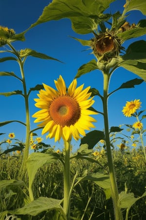 A vibrant yellow hue fills the frame as a bright sunflower stands tall in a lush meadow, its petals unfolding like rays of sunshine. The camera captures the flower's bold color from a low angle, emphasizing its stature and radiance. Softly lit with warm afternoon light, the image is bathed in a sense of optimism and joy.