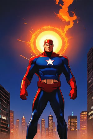 A radiant superhero stands triumphantly amidst a cityscape at dusk, with the sun's vibrant hues casting a warm glow on their bright blue and red suit. The Marvel logo shines boldly on their chest as they pose heroically, arms akimbo, with the New York City skyline ablaze in the background.