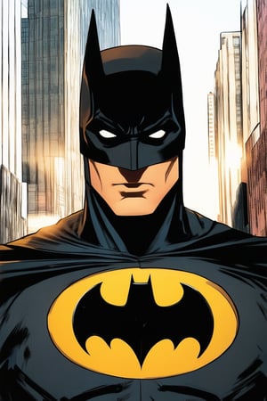 A dynamic close-up shot of Batman's determined face, lit by the dim glow of a Gotham City streetlight, his eyes narrowed in focus as he gazes up at the towering skyscrapers, the iconic Bat-signal emblazoned on his chest. The DC Comics logo appears subtly in the corner.